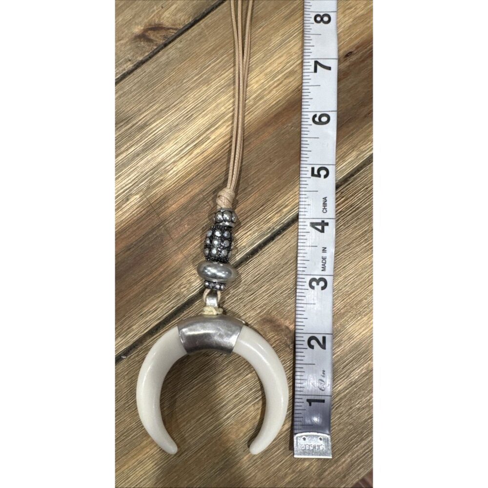 Chicos Faux Ivory Crescent Pendant Silver Tone 21" Long Statement Necklace NEW - Picture 10 of 15